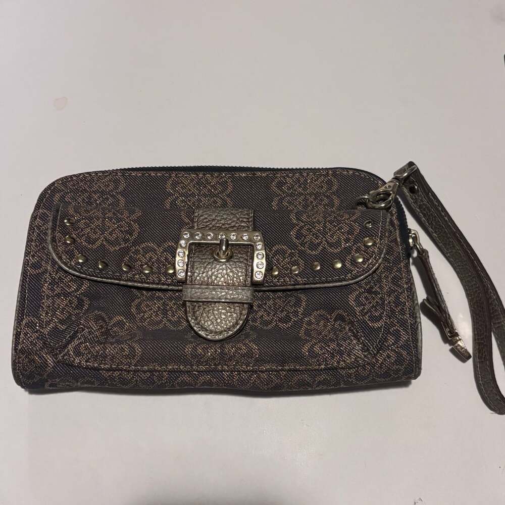 Kathy Van Zeeland Brown Metallic Rhinestone Studded Wristlet Clutch Wallet